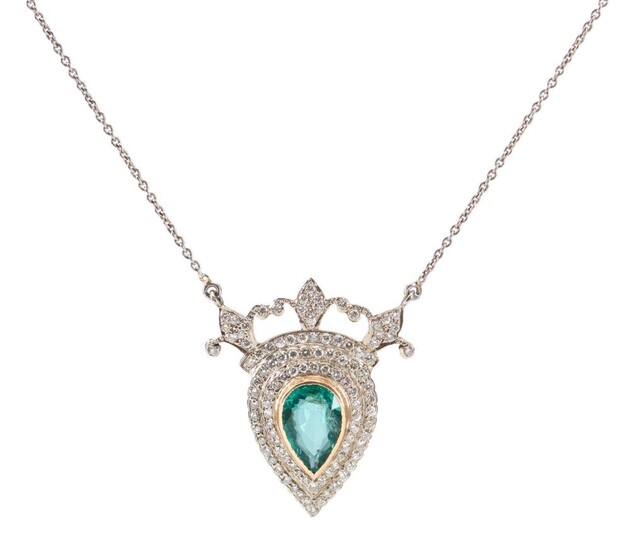 AN EMERALD AND DIAMOND PENDANT/NECKLACE - Featuring a pear cut emerald weighing 4.50cts, within a double border of round brilliant c...