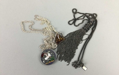 AN ENAMELLED VICTORIAN SILVER CROWN AND TWO PENDANTS ON CHAINS