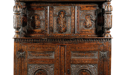 AN OAK AND MARQUETRY COURT CUPBOARD