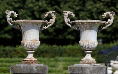 AN UNUSUAL PAIR OF FRENCH CAST IRON VASES WITH WINGED DRAGON HANDLES, THIRD QUARTER 19TH CENTURY