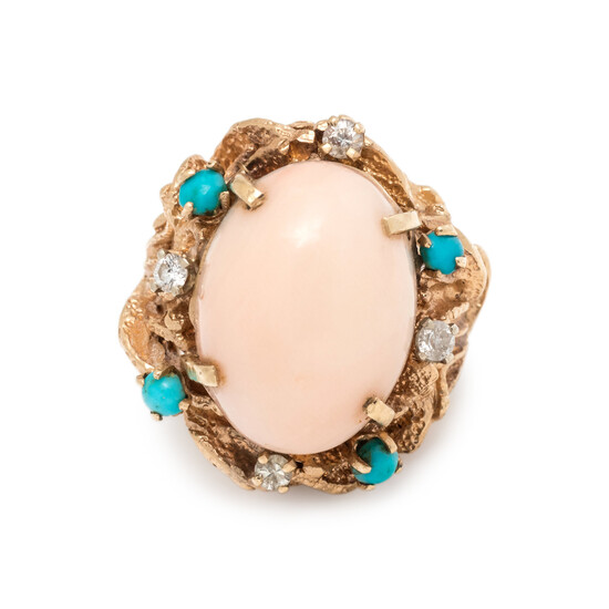 ANGEL SKIN CORAL, TURQUOISE AND DIAMOND RING