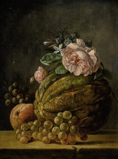 ANNE VALLAYER-COSTER | STILL LIFE OF A MELON, A PEACH, GRAPES AND FLOWERS ON A LEDGE