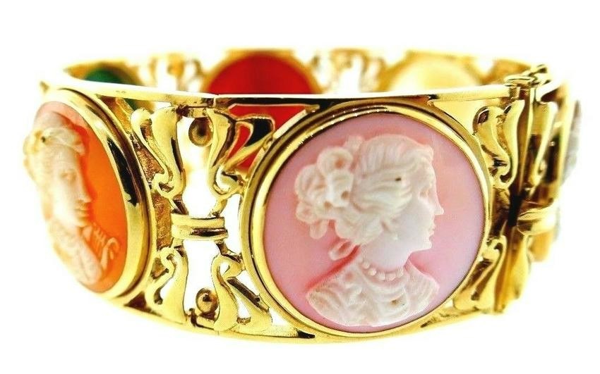 ANTIQUE 14k Yellow Gold & Gemstone Carved Cameo Bangle