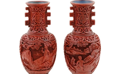 ANTIQUE CHINESE QING RED CARVED CANNIBAR VASES