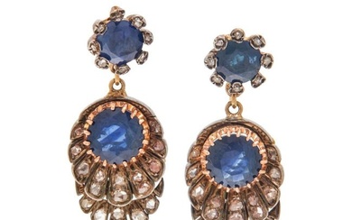 ANTIQUE, SILVER-TOPPED GOLD, DIAMOND, AND SAPPHIRE EARRINGS