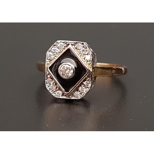 ART DECO STYLE DIAMOND AND BLACK ENAMEL RING the central bez...