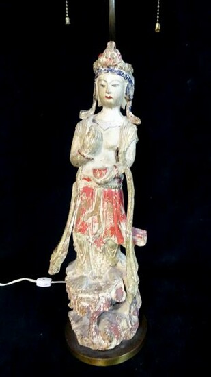 ASIAN CARVED WOOD QUAN YIN MOUNTED AS A LAMP 32"H
