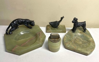 AUSTRIAN ART DECO GREEN ONYX COUGAR, SCOTTISH TERRIER, GOOSE, ASHTRAY, LIGHTER PAPERWEIGHT GROUPING