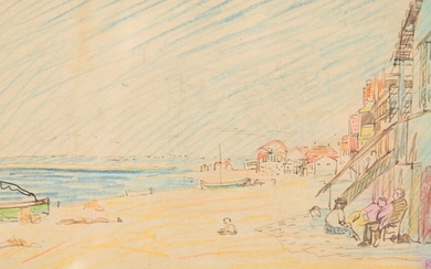 Adolphe BEAUFRERE (1876-1960) "The beach of Sète" ink and colored pencils mbd 12x20.5