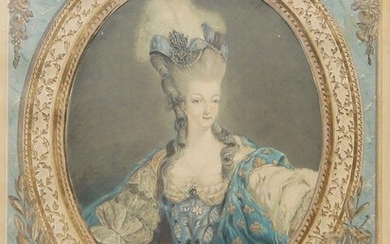 After Jean François Janinet, French 1752-1814- Marie-Antoinette d'Autriche Reine de France et de Navarre, after Jean Baptiste André Gaultier d'Agoty; hand-coloured print on two pieces of paper, signed in pencil, 43.5 x 34 cm