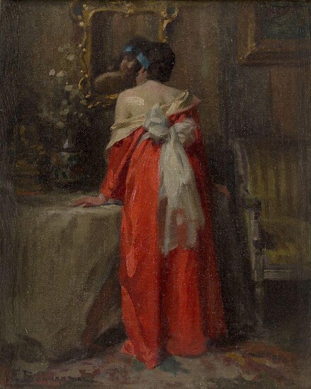 Alexandre-Francois Bonnardel, French 1867-1942 - Lady in her Boudoir (recto), street scene (verso); oil on canvas laid down on board, signed 'A F Bonnardel' lower left, 25.5 x 21 cm Note: Primarily known for his genre scenes and portraiture...