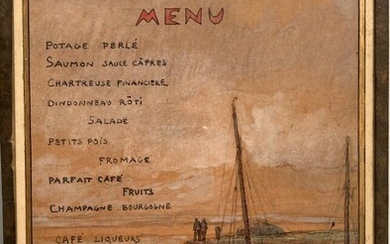 Alexis Louis DE BROCA (1868-1948) Le Croisic, bateaux amarrés, 1930. Dessin formant projet de menu...