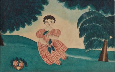 American School, Young Girl in Pink Dress with Bird