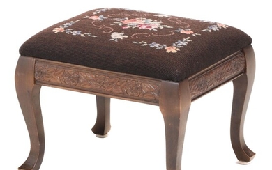 American Walnut-Stained and Needlepoint Footstool, Early 20th Century