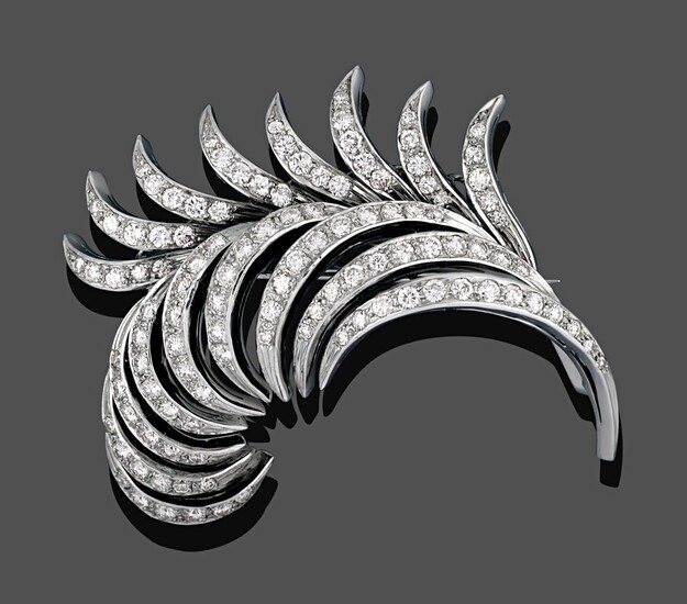 An 18 Carat White Gold Diamond Brooch, the frond motif set throughout with round brilliant cut...