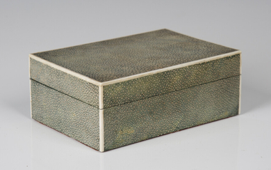An Art Deco shagreen cigarette box by Asprey, London, with ivory stringing and plated metal patent l