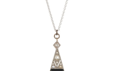 An Art Deco vari-cut diamond and onyx geometric pendant, sus...