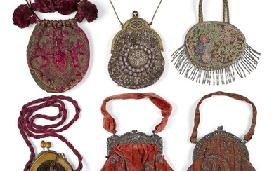 An English silk and metallic thread reticule, second half 18th century, embroidered with scrolls and flowers, with cord drawstring and silk tassels, 17cm high; together with a French embroidered and enamelled evening bag, mid 19th century, worked...
