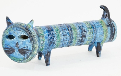 An Italian Bitossi 'Rimini Blue' pottery cat designed by Aldo Londi (1911-2003), 1960s, with incised geometric decoration and blue and green glaze, unmarked, 39.5cm long