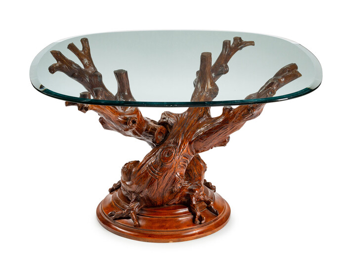 An Italian Grotto Style Carved Walnut Tree Trunk-Form Table Base with Glass Top