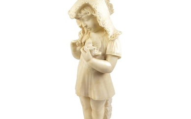 An Italian alabaster bust of a girl with chick by Pietro Barzanti, early 20th century, the child