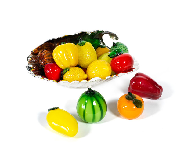 An Italian electroplated bowl containing a collection of Murano coloured glass fruit and vegetable ornaments