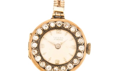 An early 20th century 18ct cased lady's gold manual wristwatch with diamond set bezel, on a 9ct bracelet.