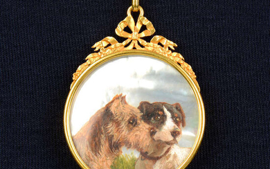An early 20th century portrait miniature pendant of two dogs on mother-of-pearl, with gold Belle Epoque mount.