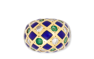 An enameled eighteen karat gold, diamond and emerald ring