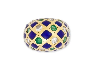 An enameled eighteen karat gold, diamond and emerald