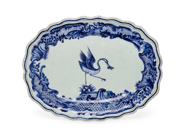 An extremely rare blue and white silver-shaped Swedish Market Armorial "Grill Family" oval platter
