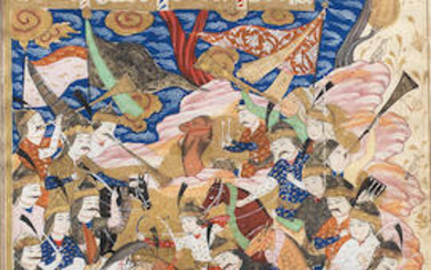 An illustrated leaf from a manuscript of the Sharaf-nameh, the fifth book of Nizami's Khamsa, depicting Dara in battle with Iskandar's army, Persia, 16th Century
