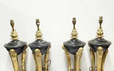 An impressive set of four Empire style brass and painted metal table lamps H. 59cm.