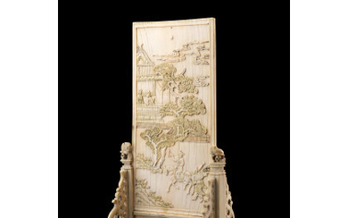 An ivory table screen, carved with figures and pagodas on the front and peach branches to the back China, Canton,...