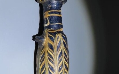 Ancient Greek Glass Eastern Mediterranean. Blue and Yellow Core-formed Glass Alabastron. 13 cm H. Intact.