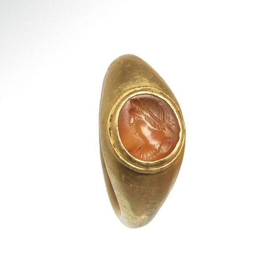 Ancient Roman Gold and cornelian Intaglio Ring, Bust of Emperor