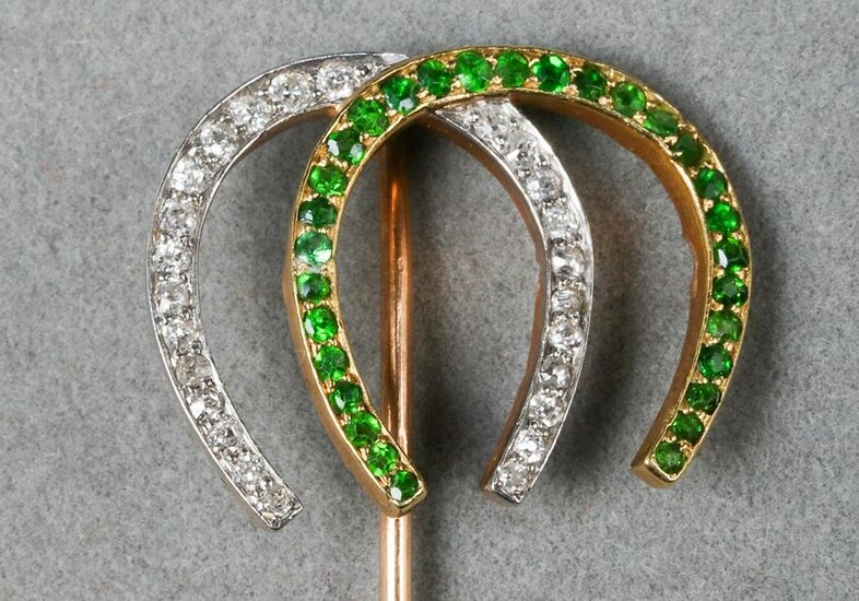 Antique 18K Diamond & Emerald Horseshoe Stick Pin