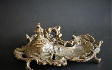 Antique Art Nouveau Footed Brass Desk Inkwell Stand