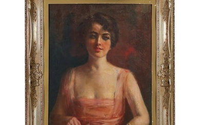 Antique Portrait of Woman in Pink Painting SIGNED