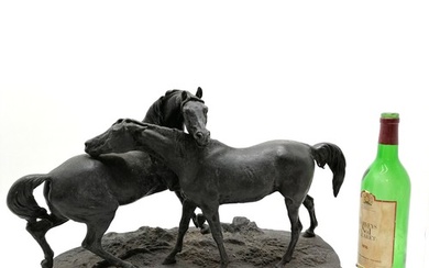 Antique large spelter figure group of a pair of horses, sign...