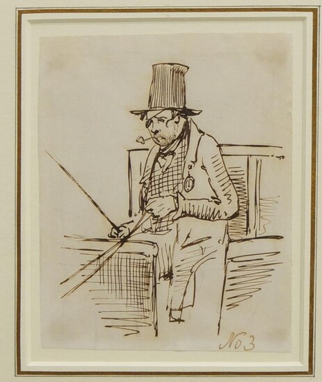 Attributed to John Leech, British 1817-1864- The Affluent Coach Driver; and The Down At Heel Coach Driver; pen and ink on paper, the first inscribed 'No 1' (lower right), the second inscribed 'No 3' (lower right), the first 14.4 x 11 cm., the...