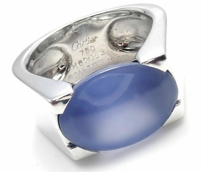 Authentic! Cartier 18k White Gold Large Chalcedony Ring 1999