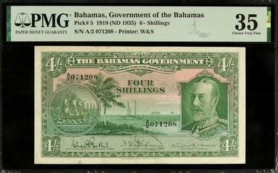 BAHAMAS. The Bahamas Government. 4 Shillings, 1919 (ND 1935). P-5. PMG Choice Very Fine 35.