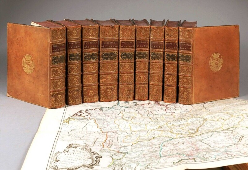 BARRE (Joseph). General history of Germany. In Paris, at Delespine, Hérissant, 1748. 10 vol. in-4, contemporary fawn calf, spine with 5 nerves, title and gilt and green morocco, decorated boards with carnations, triple gilt fillet on covers, gilt...