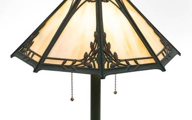 BRADLEY & HUBBARD METAL-OVERLAY SLAG GLASS ELECTRIC TABLE LAMP