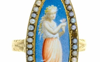 Bague en or ornée d’une miniature émaillée dans un entourage de perles à motif de...