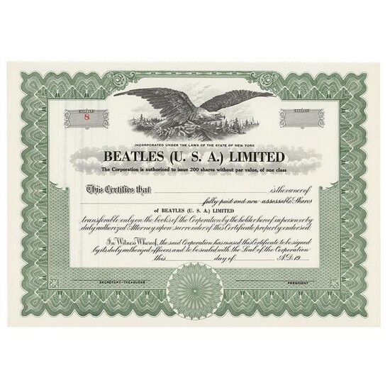 Beatles 1964 Stock Certificate
