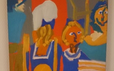 Bentemarie Kjeldbæk: Composition with figures. Signed on the reverse BM Kjeldbæk, 2000. Oil on canvas, 35×25 cm. Unframed.