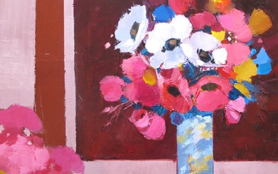 Bernard RINDER (XX°) "Bouquet dans un vase bleu" Huile sur toile signée en bas à...