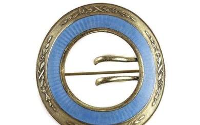 Blue Enamel Guilloche and Gilt Brass Circular Pin / Brooch